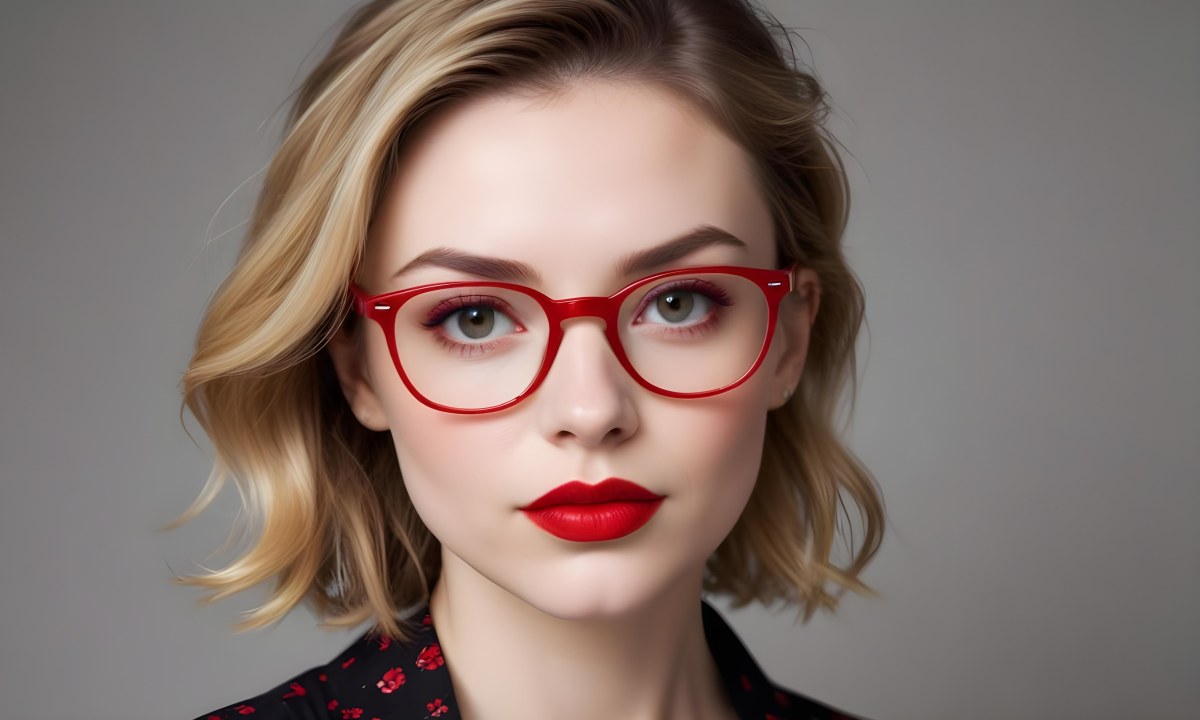 White Woman With Fair Skin 30 Years Old With Red Lips And Red Glasses In A Studio 4 8143