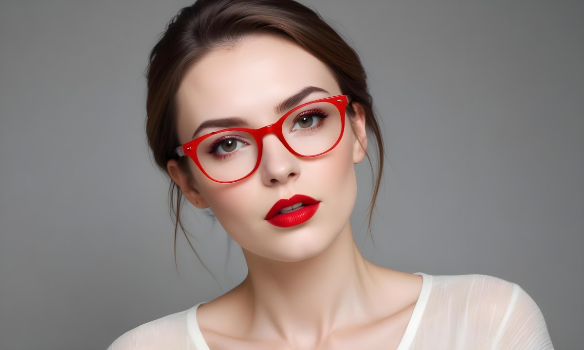 White Woman With Fair Skin 30 Years Old With Red Lips And Red Glasses In A Studio 5 19b1