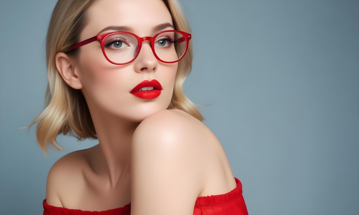 White Woman With Fair Skin 30 Years Old With Red Lips And Red Glasses In A Studio 7 9c8f