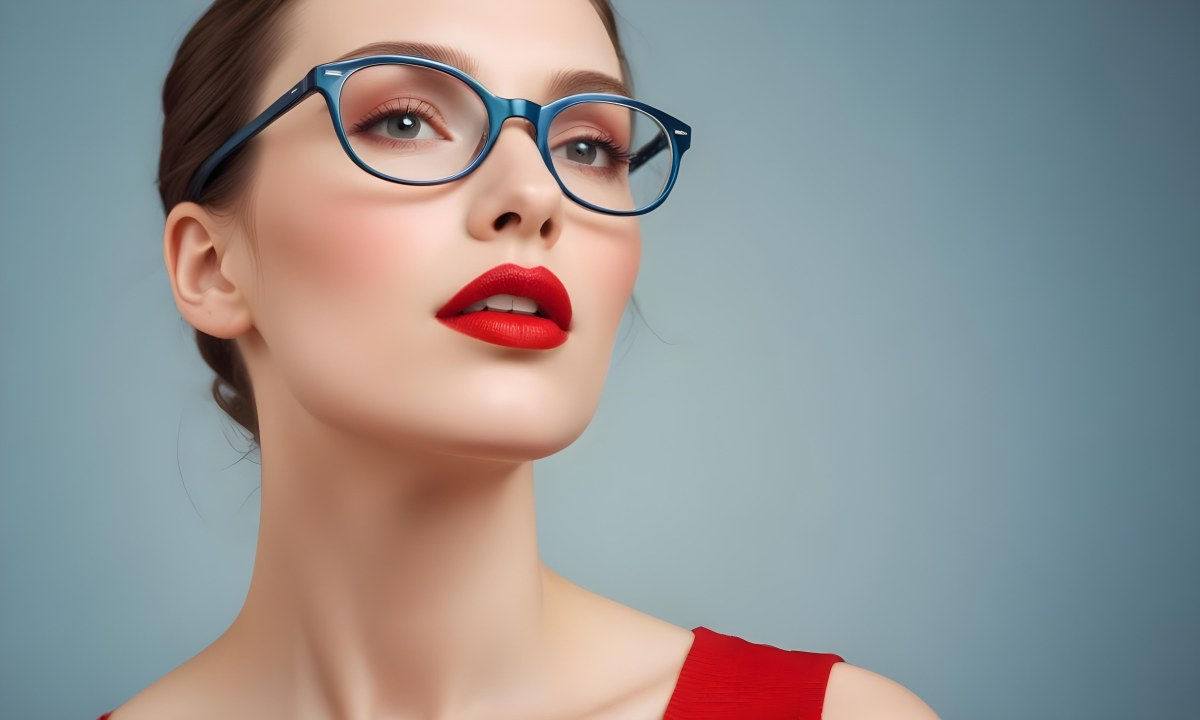White Woman With Fair Skin 30 Years Old With Red Lips And Red Glasses In A Studio 8 B7c2