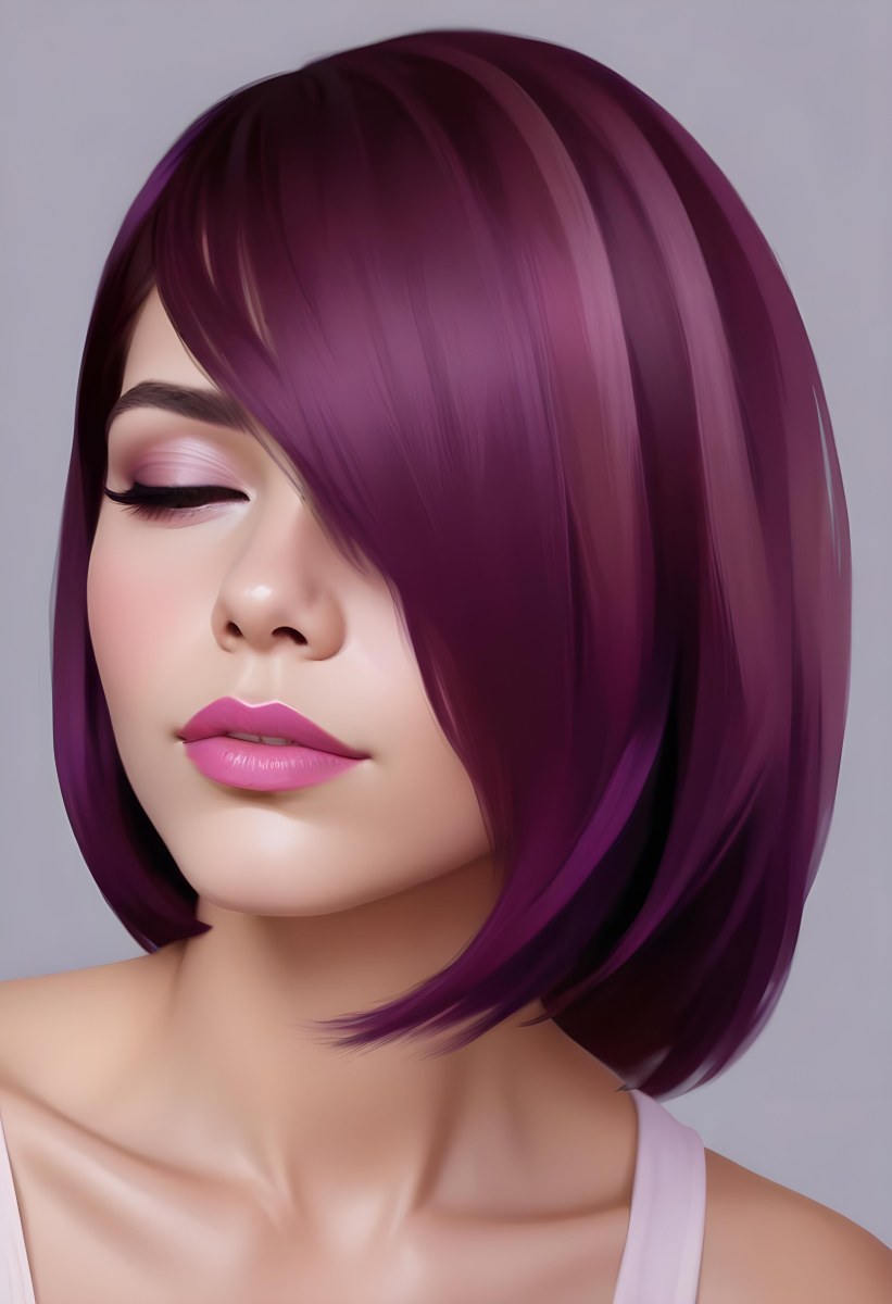 Woman With Medium Skin Tone And A Stylish Bob Haircut Featuring Vibrant Purple Highlights She Has Her Eyes Closed And Is Wearing Soft Pink Lipstick And Eye Makeup The Background Is Neutral And Unobtrusive 12 A5c1