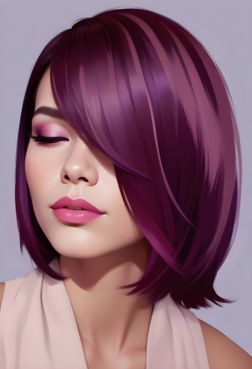Woman With Medium Skin Tone And A Stylish Bob Haircut Featuring Vibrant Purple Highlights She Has Her Eyes Closed And Is Wearing Soft Pink Lipstick And Eye Makeup The Background Is Neutral And Unobtrusive 2 C25b