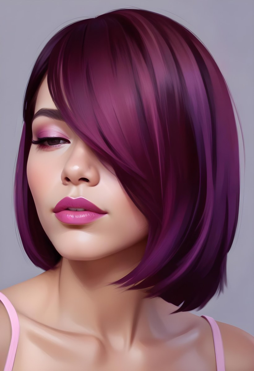 Woman With Medium Skin Tone And A Stylish Bob Haircut Featuring Vibrant Purple Highlights She Has Her Eyes Closed And Is Wearing Soft Pink Lipstick And Eye Makeup The Background Is Neutral And Unobtrusive 34 C8ed