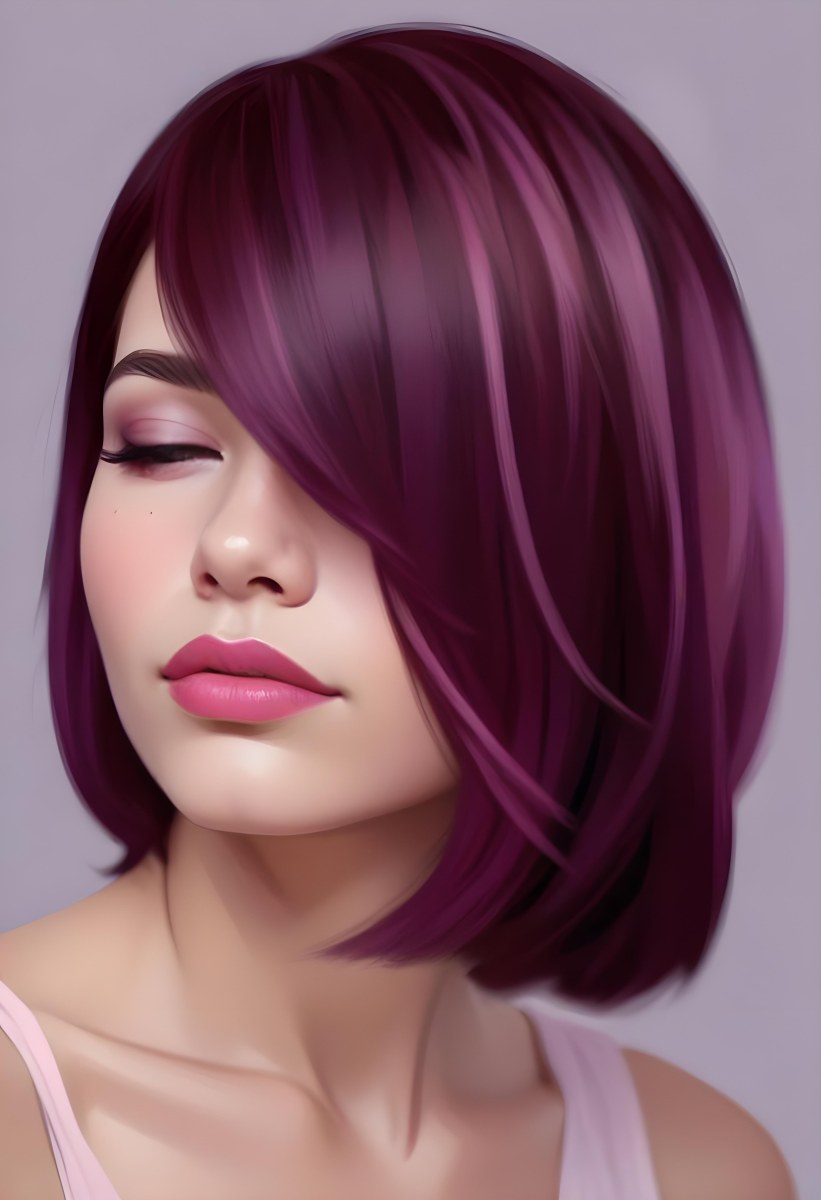 Woman With Medium Skin Tone And A Stylish Bob Haircut Featuring Vibrant Purple Highlights She Has Her Eyes Closed And Is Wearing Soft Pink Lipstick And Eye Makeup The Background Is Neutral And Unobtrusive 36 8c1f