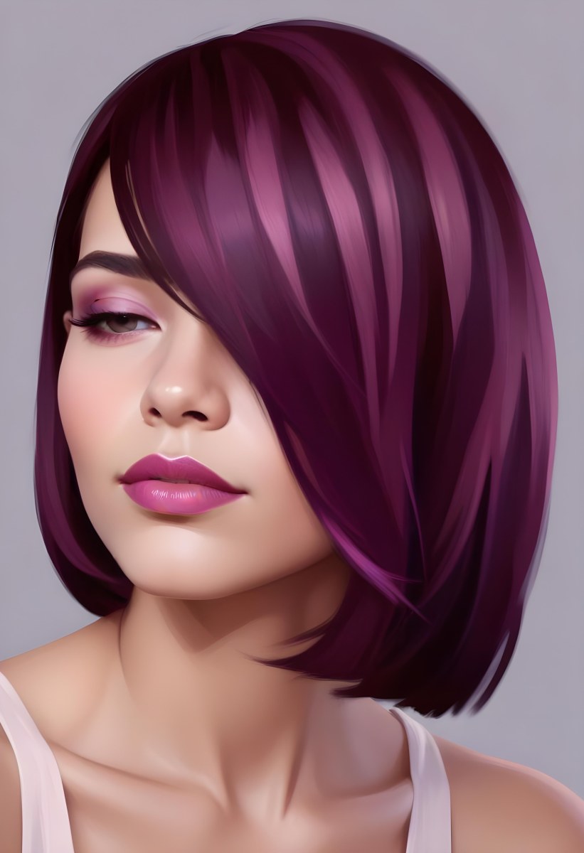 Woman With Medium Skin Tone And A Stylish Bob Haircut Featuring Vibrant Purple Highlights She Has Her Eyes Closed And Is Wearing Soft Pink Lipstick And Eye Makeup The Background Is Neutral And Unobtrusive 38 77a1