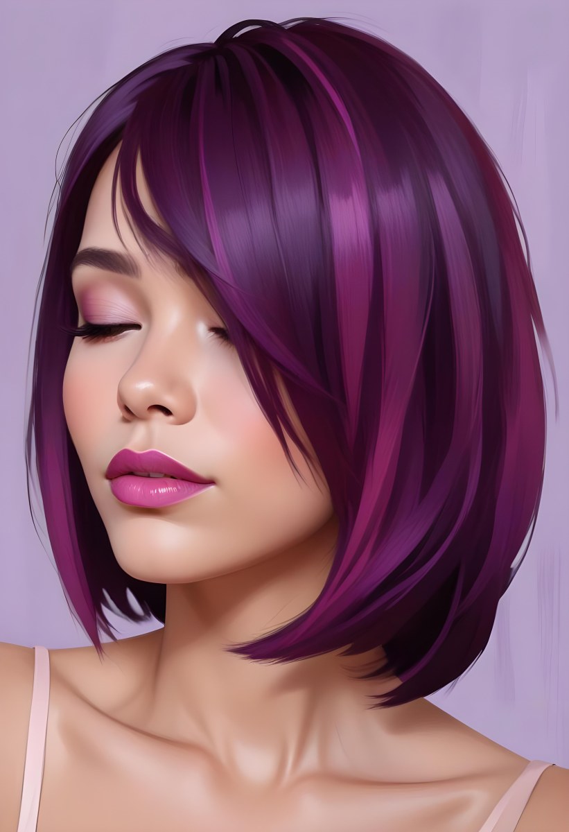 Woman With Medium Skin Tone And A Stylish Bob Haircut Featuring Vibrant Purple Highlights She Has Her Eyes Closed And Is Wearing Soft Pink Lipstick And Eye Makeup The Background Is Neutral And Unobtrusive 44 9bca