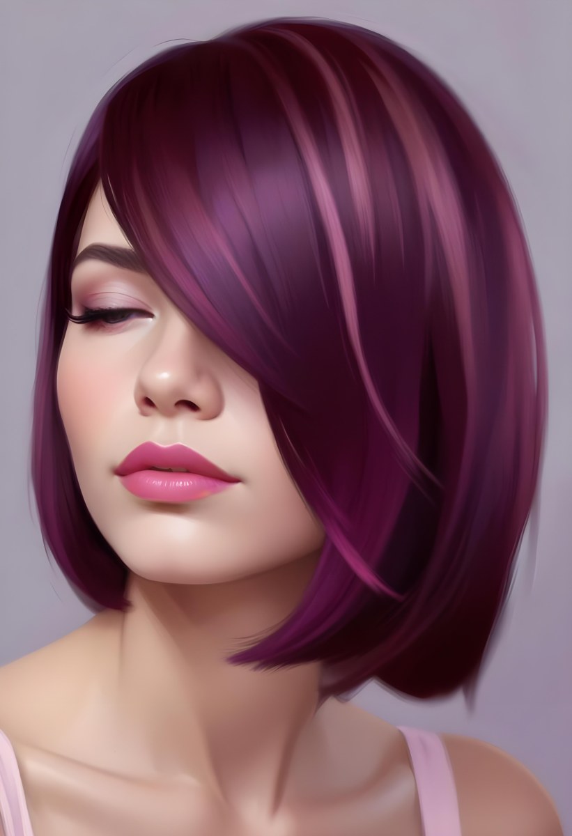 Woman With Medium Skin Tone And A Stylish Bob Haircut Featuring Vibrant Purple Highlights She Has Her Eyes Closed And Is Wearing Soft Pink Lipstick And Eye Makeup The Background Is Neutral And Unobtrusive 48 F6a0