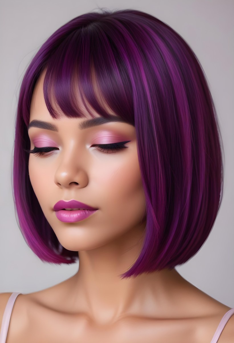 Woman With Medium Skin Tone And A Stylish Bob Haircut Featuring Vibrant Purple Highlights She Has Her Eyes Closed And Is Wearing Soft Pink Lipstick And Eye Makeup The Background Is Neutral And Unobtrusive 53 171e