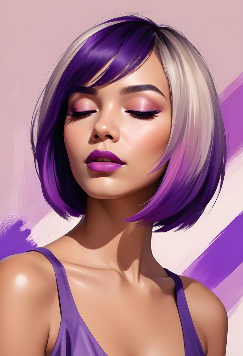 Woman With Medium Skin Tone And A Stylish Bob Haircut Featuring Vibrant Purple Highlights She Has Her Eyes Closed And Is Wearing Soft Pink Lipstick And Eye Makeup The Background Is Neutral And Unobtrusive 54 33b2