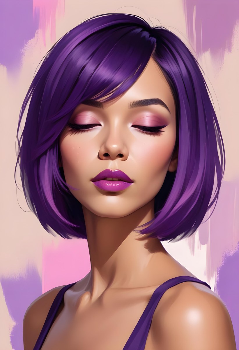 Woman With Medium Skin Tone And A Stylish Bob Haircut Featuring Vibrant Purple Highlights She Has Her Eyes Closed And Is Wearing Soft Pink Lipstick And Eye Makeup The Background Is Neutral And Unobtrusive 62 32e9