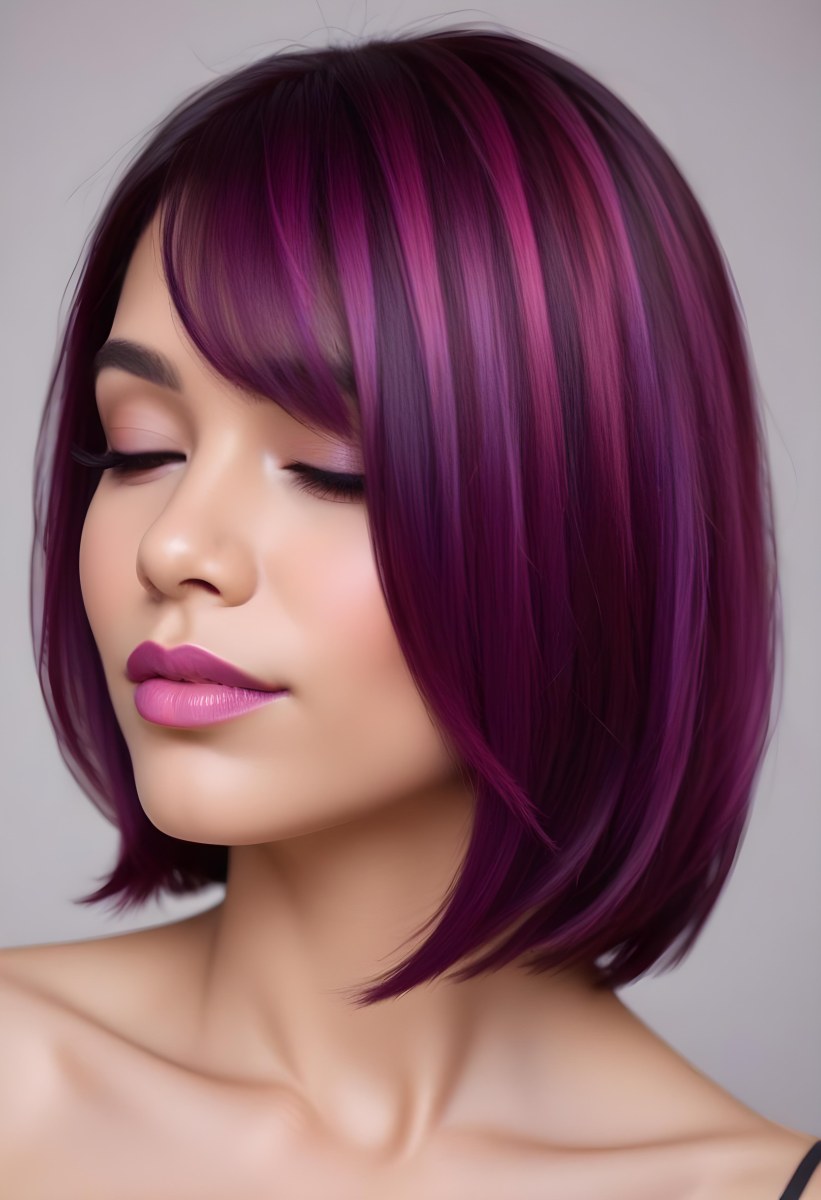 Woman With Medium Skin Tone And A Stylish Bob Haircut Featuring Vibrant Purple Highlights She Has Her Eyes Closed And Is Wearing Soft Pink Lipstick And Eye Makeup The Background Is Neutral And Unobtrusive 65 9cf2