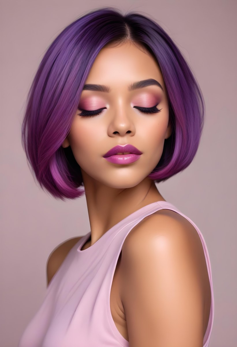 Woman With Medium Skin Tone And A Stylish Bob Haircut Featuring Vibrant Purple Highlights She Has Her Eyes Closed And Is Wearing Soft Pink Lipstick And Eye Makeup The Background Is Neutral And Unobtrusive 67 7e8a