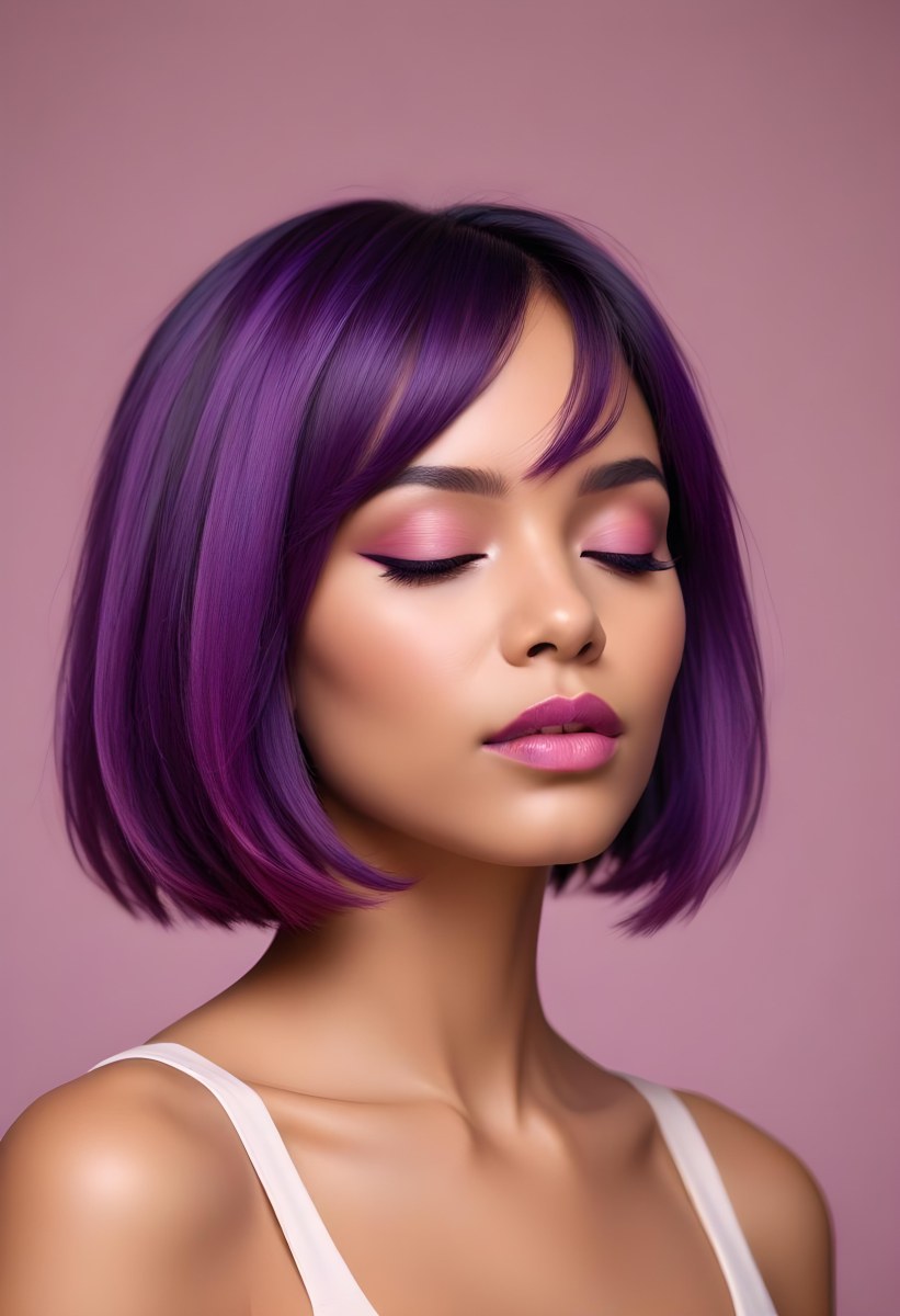 Woman With Medium Skin Tone And A Stylish Bob Haircut Featuring Vibrant Purple Highlights She Has Her Eyes Closed And Is Wearing Soft Pink Lipstick And Eye Makeup The Background Is Neutral And Unobtrusive 70 5823