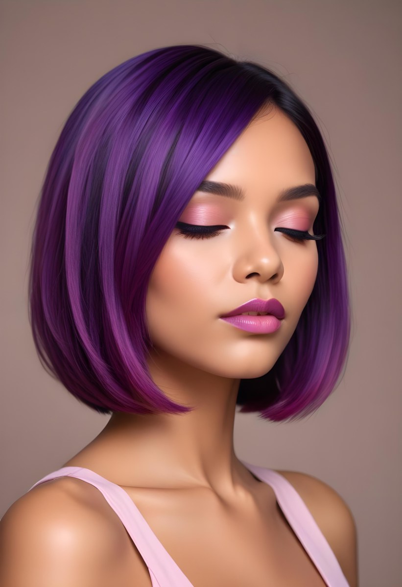 Woman With Medium Skin Tone And A Stylish Bob Haircut Featuring Vibrant Purple Highlights She Has Her Eyes Closed And Is Wearing Soft Pink Lipstick And Eye Makeup The Background Is Neutral And Unobtrusive 71 6ad0