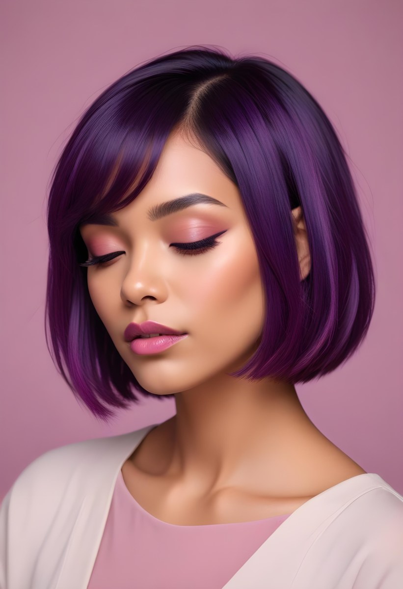 Woman With Medium Skin Tone And A Stylish Bob Haircut Featuring Vibrant Purple Highlights She Has Her Eyes Closed And Is Wearing Soft Pink Lipstick And Eye Makeup The Background Is Neutral And Unobtrusive 72 5cbc