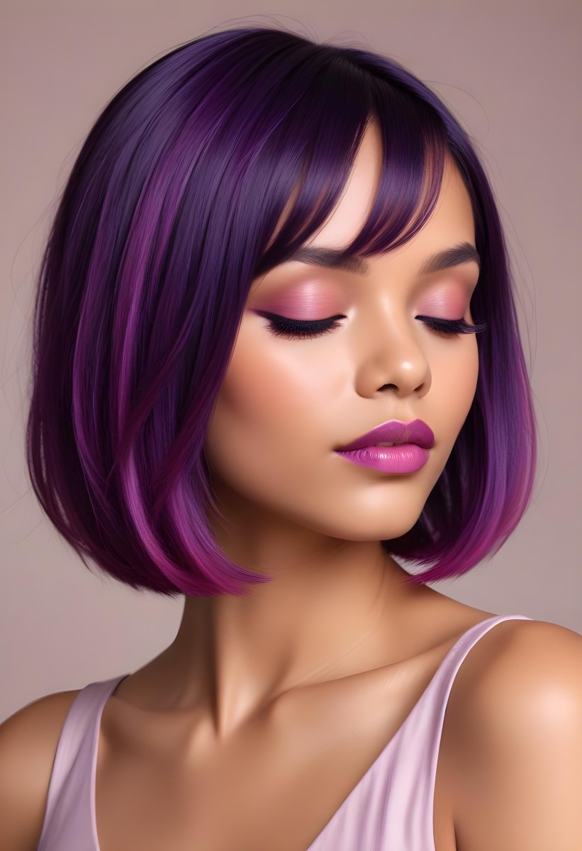 Woman With Medium Skin Tone And A Stylish Bob Haircut Featuring Vibrant Purple Highlights She Has Her Eyes Closed And Is Wearing Soft Pink Lipstick And Eye Makeup The Background Is Neutral And Unobtrusive 73 0433