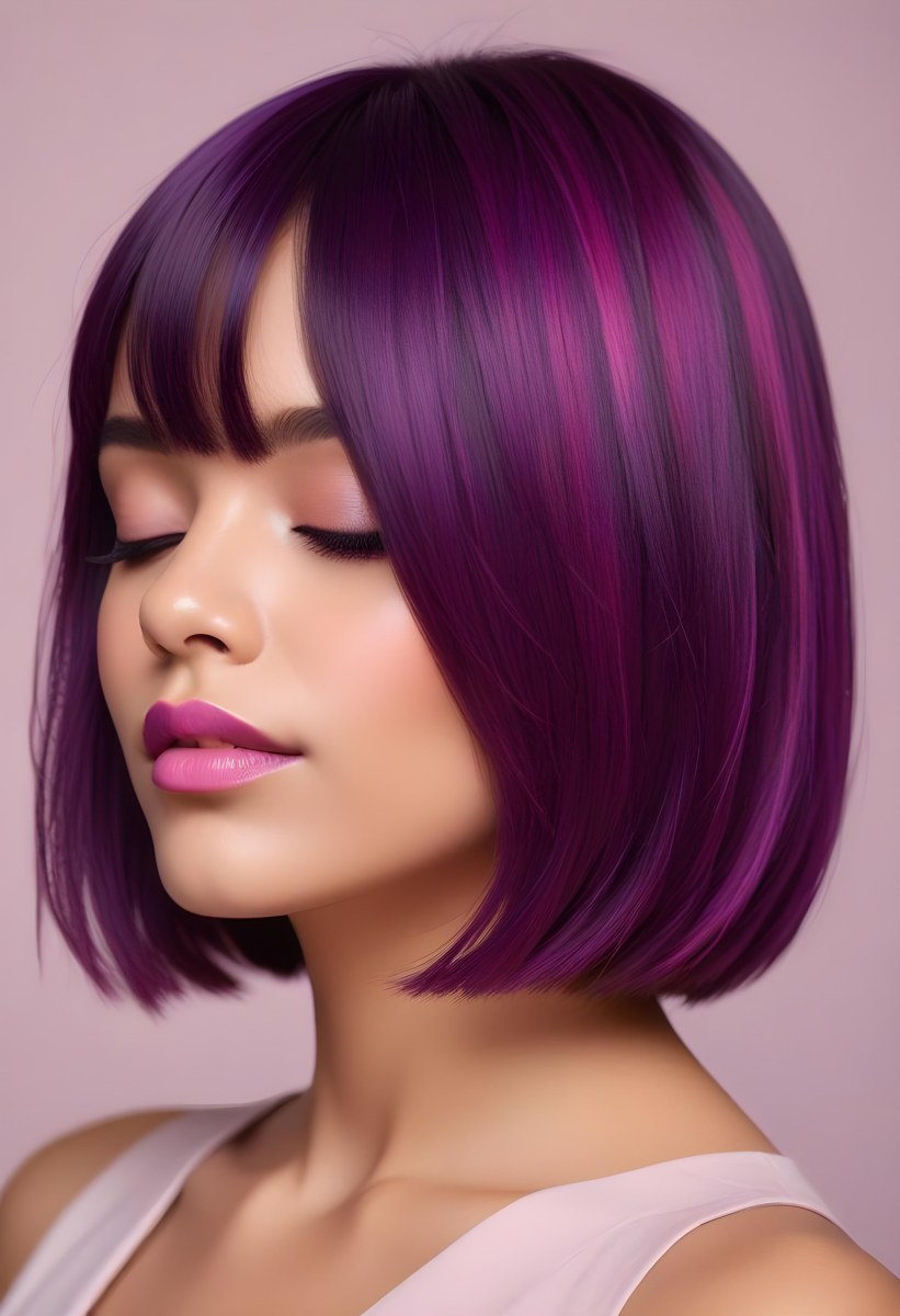 Woman With Medium Skin Tone And A Stylish Bob Haircut Featuring Vibrant Purple Highlights She Has Her Eyes Closed And Is Wearing Soft Pink Lipstick And Eye Makeup The Background Is Neutral And Unobtrusive 74 B795