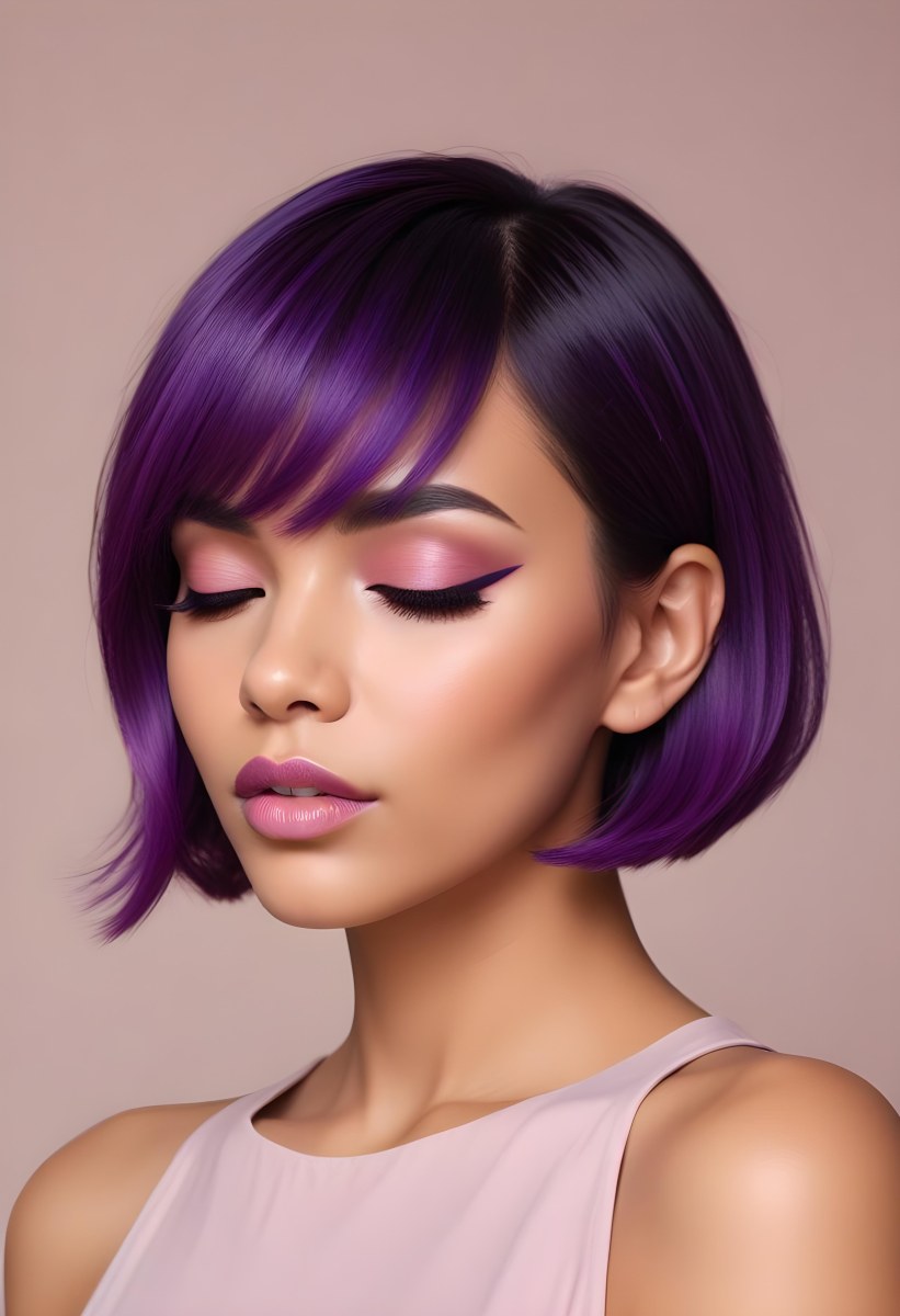 Woman With Medium Skin Tone And A Stylish Bob Haircut Featuring Vibrant Purple Highlights She Has Her Eyes Closed And Is Wearing Soft Pink Lipstick And Eye Makeup The Background Is Neutral And Unobtrusive 75 D048