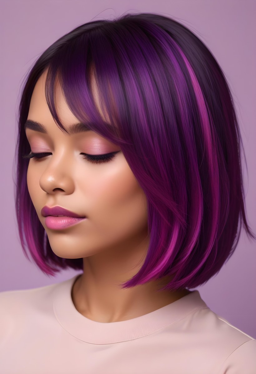 Woman With Medium Skin Tone And A Stylish Bob Haircut Featuring Vibrant Purple Highlights She Has Her Eyes Closed And Is Wearing Soft Pink Lipstick And Eye Makeup The Background Is Neutral And Unobtrusive 76 32c4