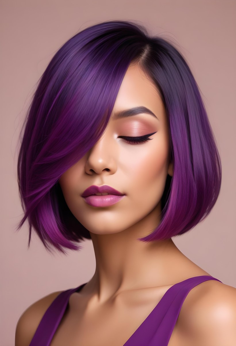 Woman With Medium Skin Tone And A Stylish Bob Haircut Featuring Vibrant Purple Highlights She Has Her Eyes Closed And Is Wearing Soft Pink Lipstick And Eye Makeup The Background Is Neutral And Unobtrusive 77 43f4