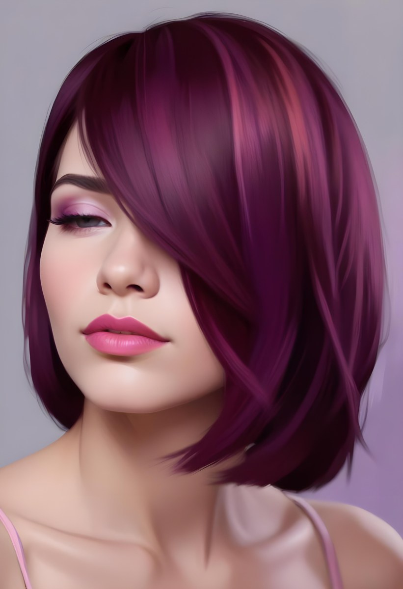 Woman With Medium Skin Tone And A Stylish Bob Haircut Featuring Vibrant Purple Highlights She Has Her Eyes Closed And Is Wearing Soft Pink Lipstick And Eye Makeup The Background Is Neutral And Unobtrusive 8 0e16