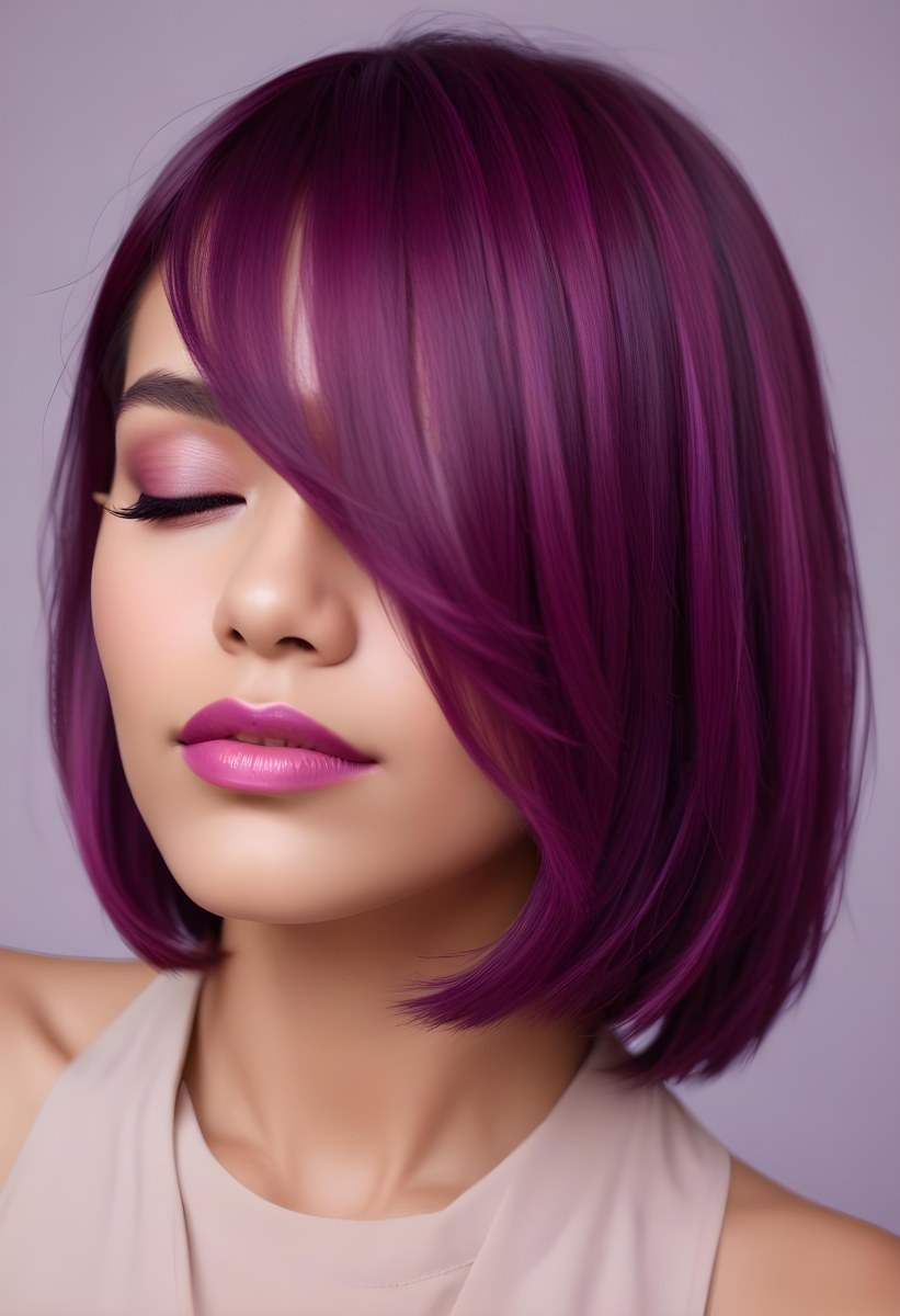 Woman With Medium Skin Tone And A Stylish Bob Haircut Featuring Vibrant Purple Highlights She Has Her Eyes Closed And Is Wearing Soft Pink Lipstick And Eye Makeup The Background Is Neutral And Unobtrusive 80 E1b7
