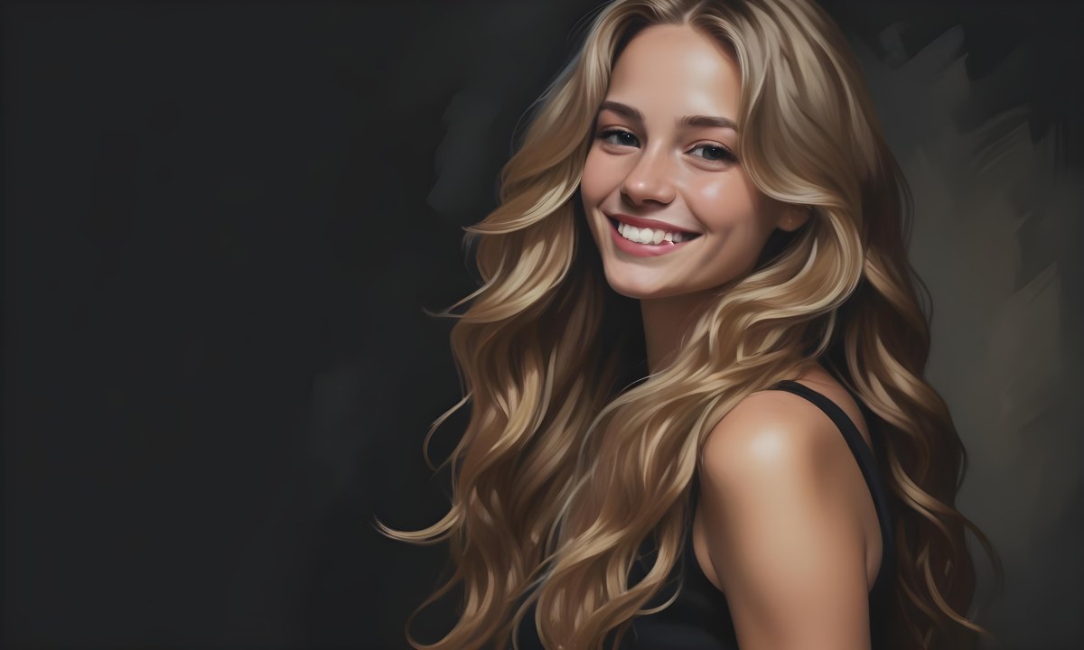 Young Caucasian Woman With Long Wavy Blonde Hair And Dark Skin Smiling Softly She Is Wearing A Black Top And Is Positioned Against A Dark Background 29 Fcfb