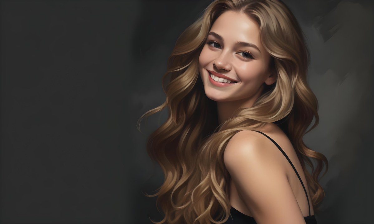 Young Caucasian Woman With Long Wavy Blonde Hair And Dark Skin Smiling Softly She Is Wearing A Black Top And Is Positioned Against A Dark Background 30 7d5c