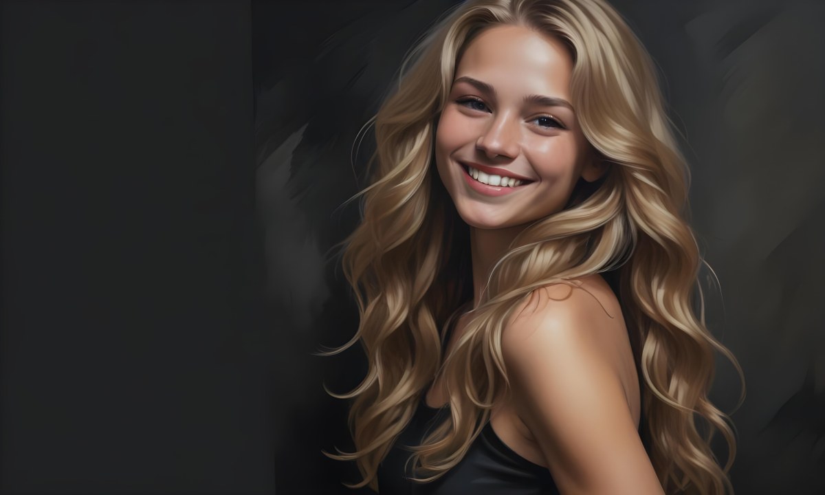 Young Caucasian Woman With Long Wavy Blonde Hair And Dark Skin Smiling Softly She Is Wearing A Black Top And Is Positioned Against A Dark Background 34 A086