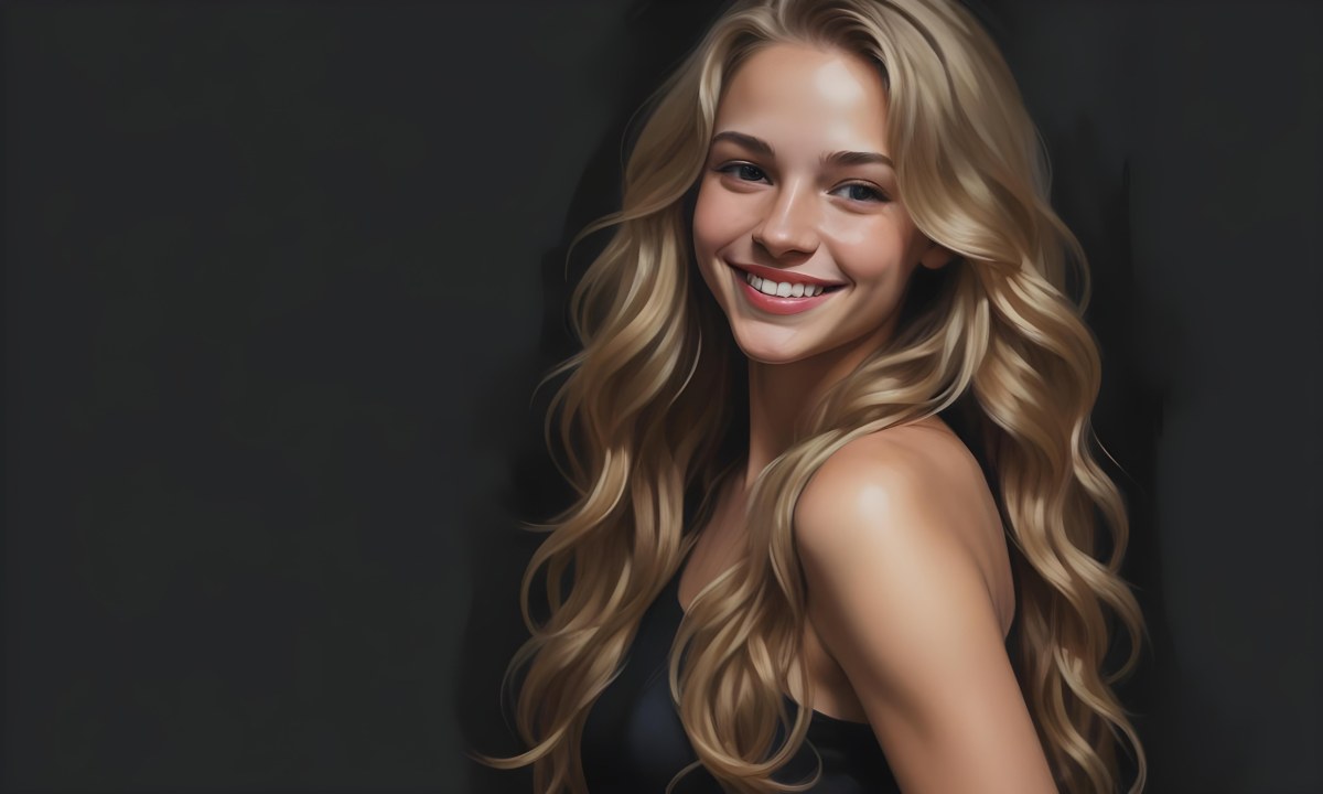 Young Caucasian Woman With Long Wavy Blonde Hair And Dark Skin Smiling Softly She Is Wearing A Black Top And Is Positioned Against A Dark Background 38 6b32