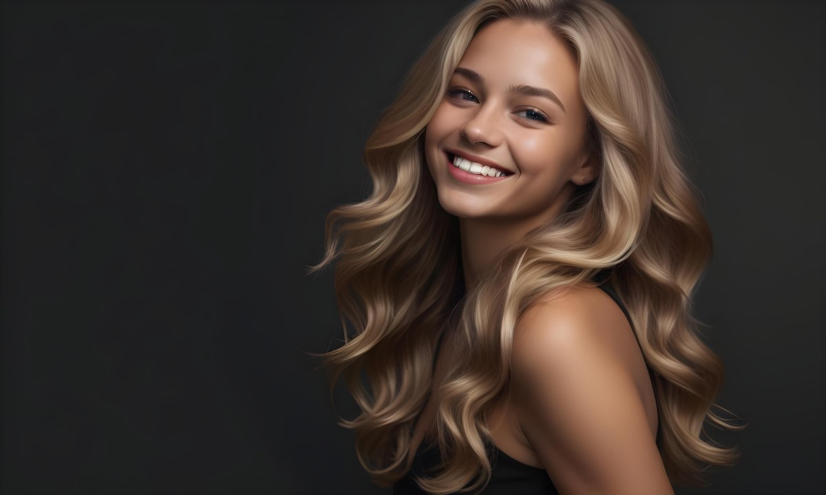 Young Caucasian Woman With Long Wavy Blonde Hair And Dark Skin Smiling Softly She Is Wearing A Black Top And Is Positioned Against A Dark Background 57 7583