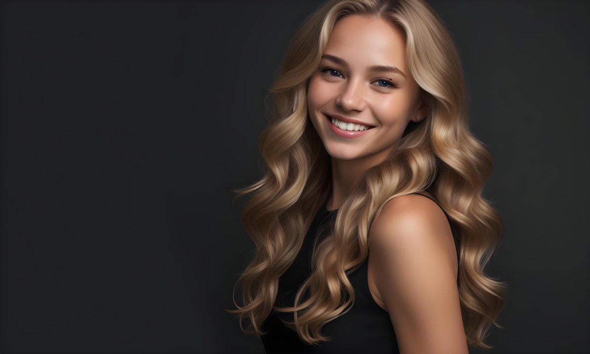 Young Caucasian Woman With Long Wavy Blonde Hair And Dark Skin Smiling Softly She Is Wearing A Black Top And Is Positioned Against A Dark Background 60 B05a