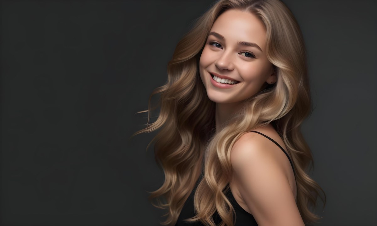 Young Caucasian Woman With Long Wavy Blonde Hair And Dark Skin Smiling Softly She Is Wearing A Black Top And Is Positioned Against A Dark Background 64 D35a