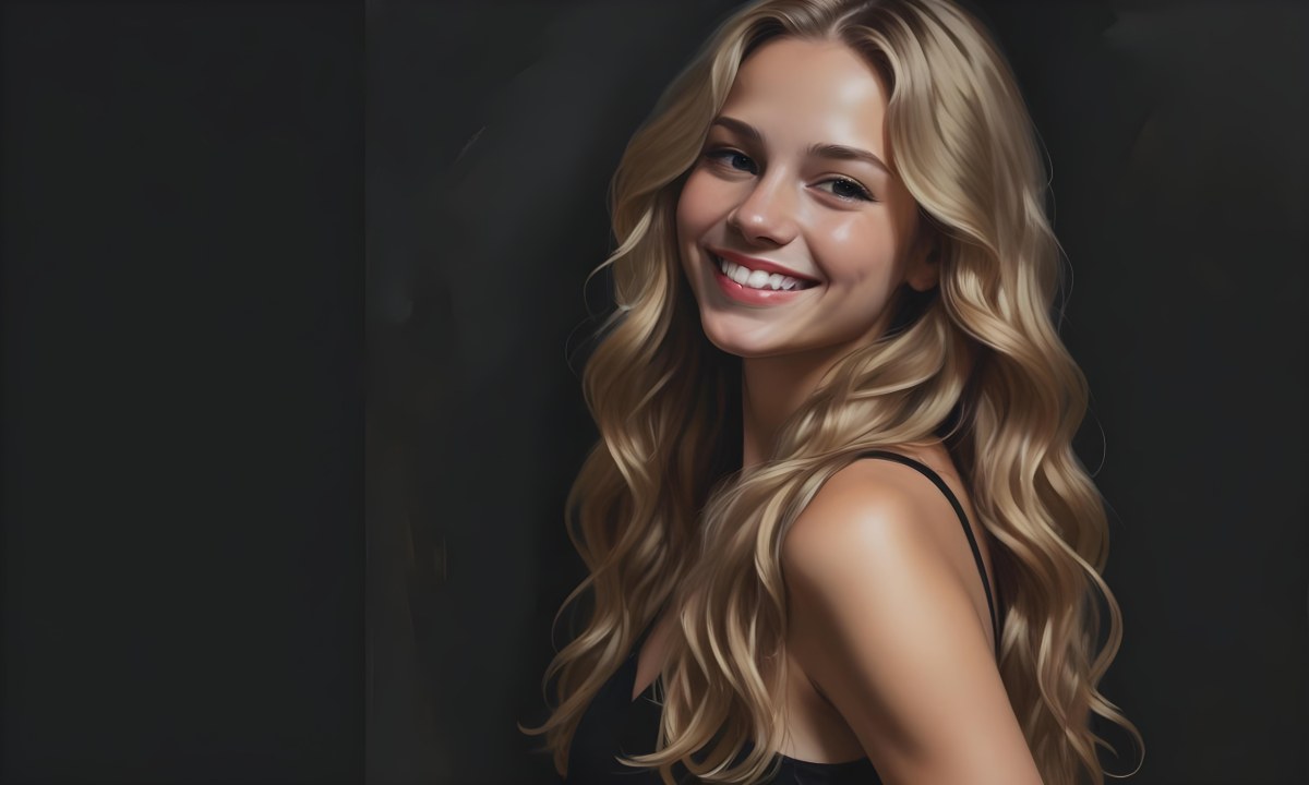 Young Caucasian Woman With Long Wavy Blonde Hair And Dark Skin Smiling Softly She Is Wearing A Black Top And Is Positioned Against A Dark Background 7 56fb