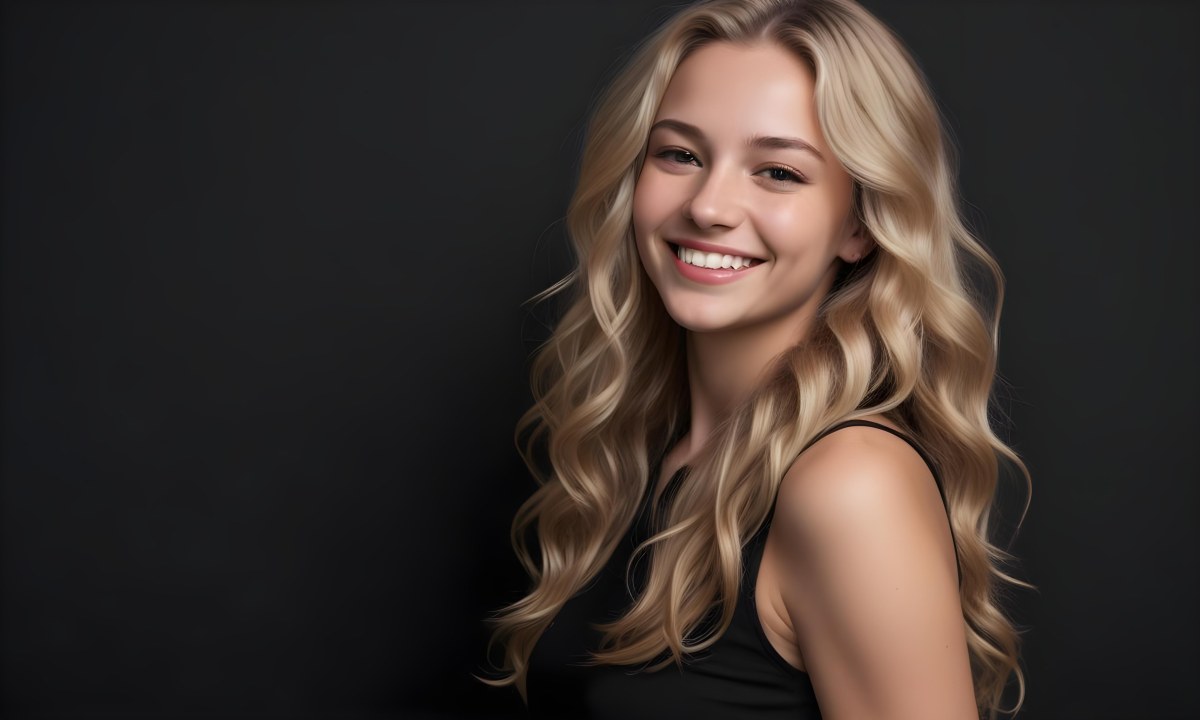 Young Caucasian Woman With Long Wavy Blonde Hair And Dark Skin Smiling Softly She Is Wearing A Black Top And Is Positioned Against A Dark Background 78 D974