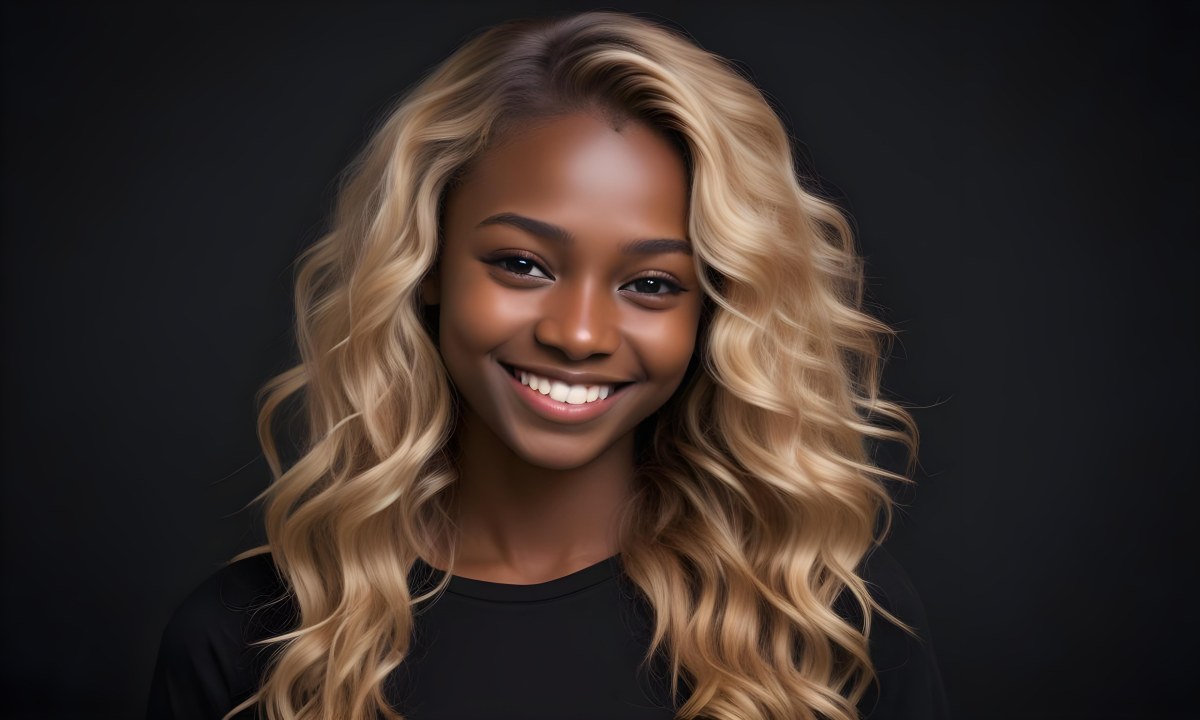 Young Caucasian Woman With Long Wavy Blonde Hair And Dark Skin Smiling Softly She Is Wearing A Black Top And Is Positioned Against A Dark Background 80 Bb7a