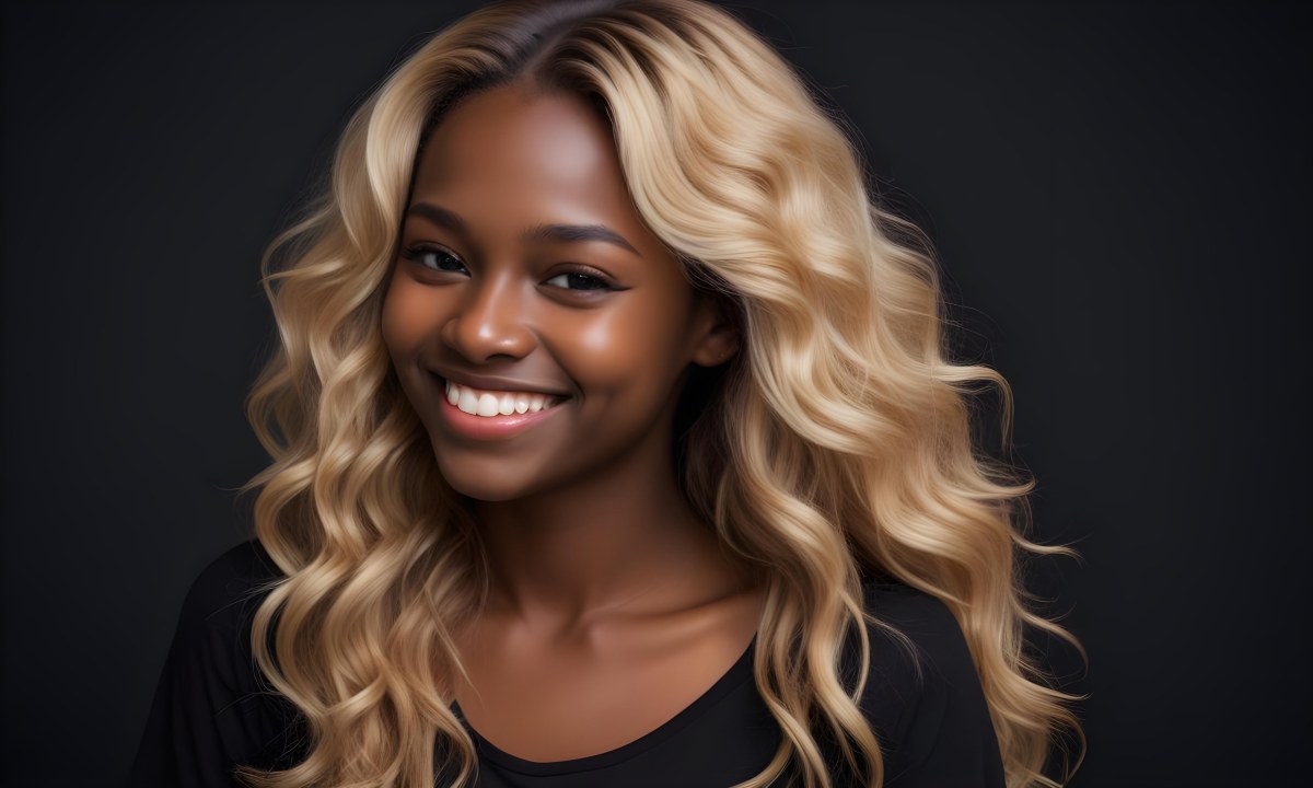 Young Caucasian Woman With Long Wavy Blonde Hair And Dark Skin Smiling Softly She Is Wearing A Black Top And Is Positioned Against A Dark Background 82 990a
