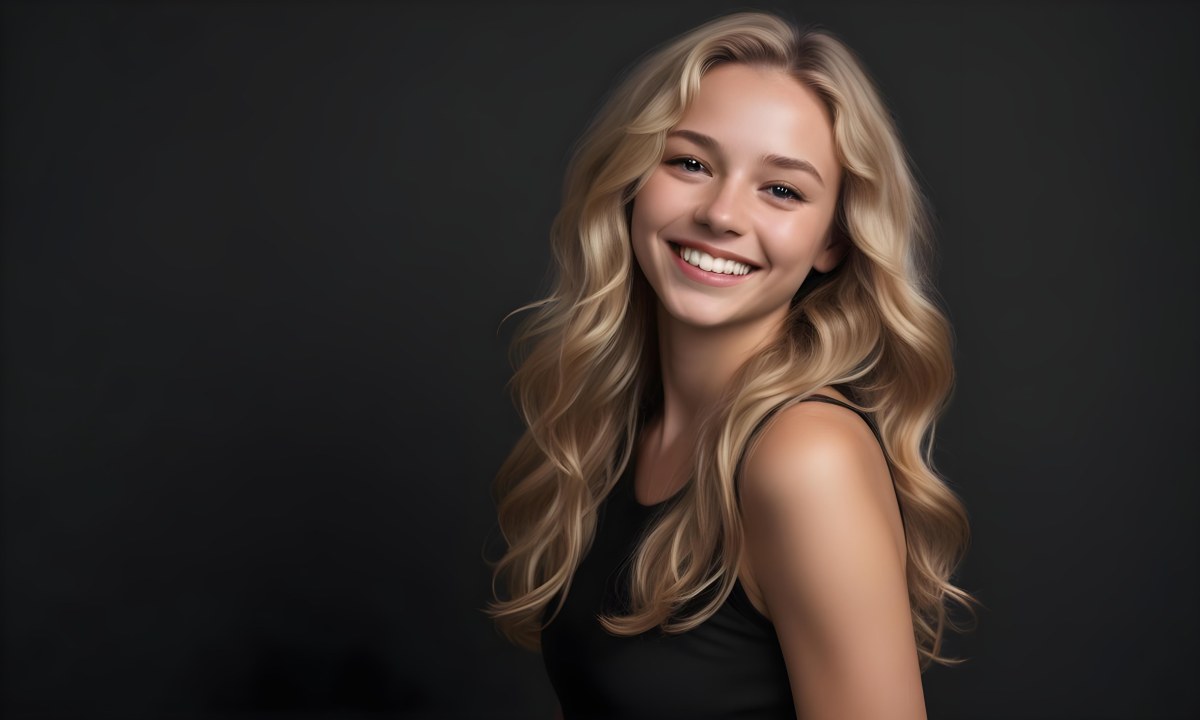 Young Caucasian Woman With Long Wavy Blonde Hair And Dark Skin Smiling Softly She Is Wearing A Black Top And Is Positioned Against A Dark Background 83 C89b