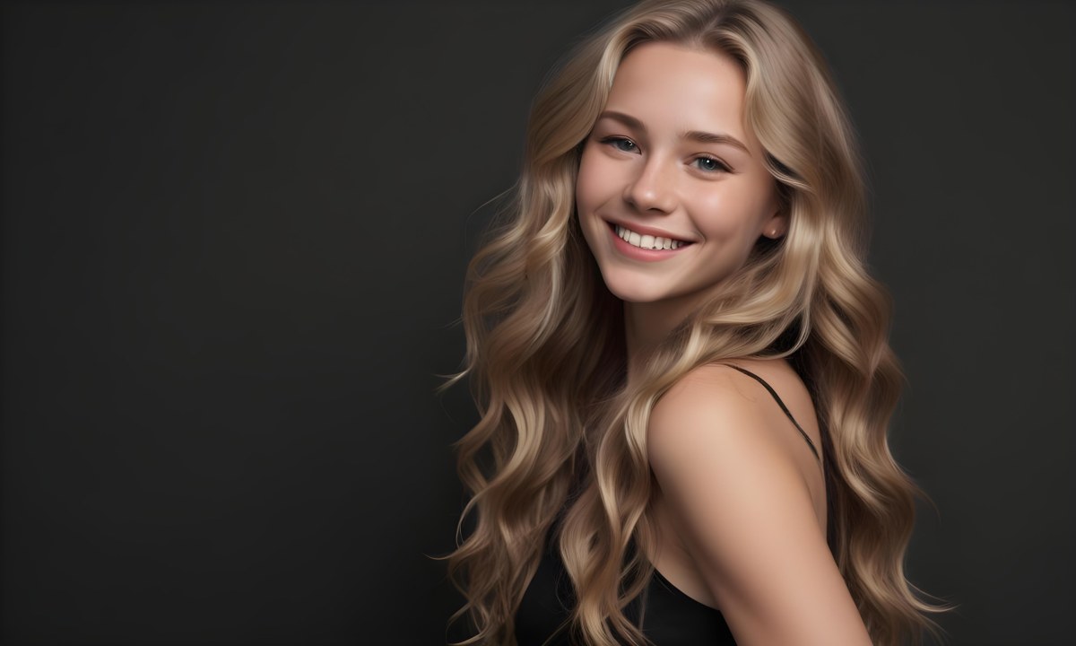 Young Caucasian Woman With Long Wavy Blonde Hair And Dark Skin Smiling Softly She Is Wearing A Black Top And Is Positioned Against A Dark Background 84 18be