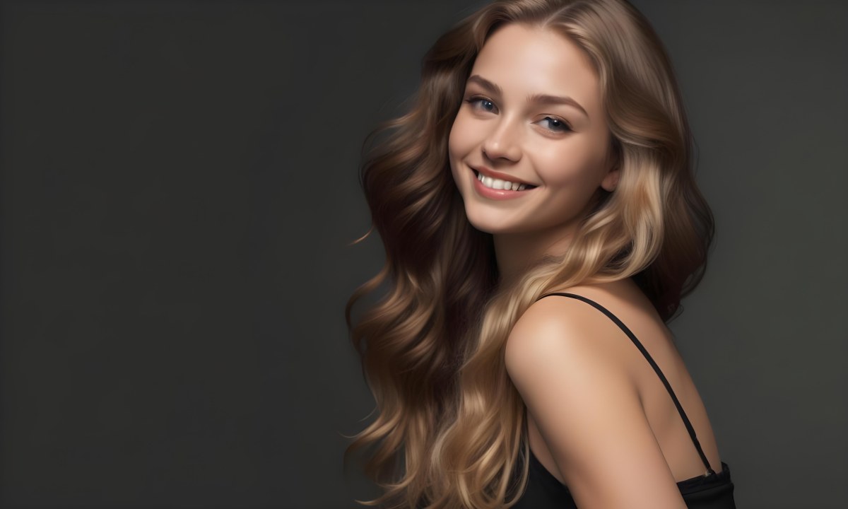 Young Caucasian Woman With Long Wavy Blonde Hair And Dark Skin Smiling Softly She Is Wearing A Black Top And Is Positioned Against A Dark Background 85 E376