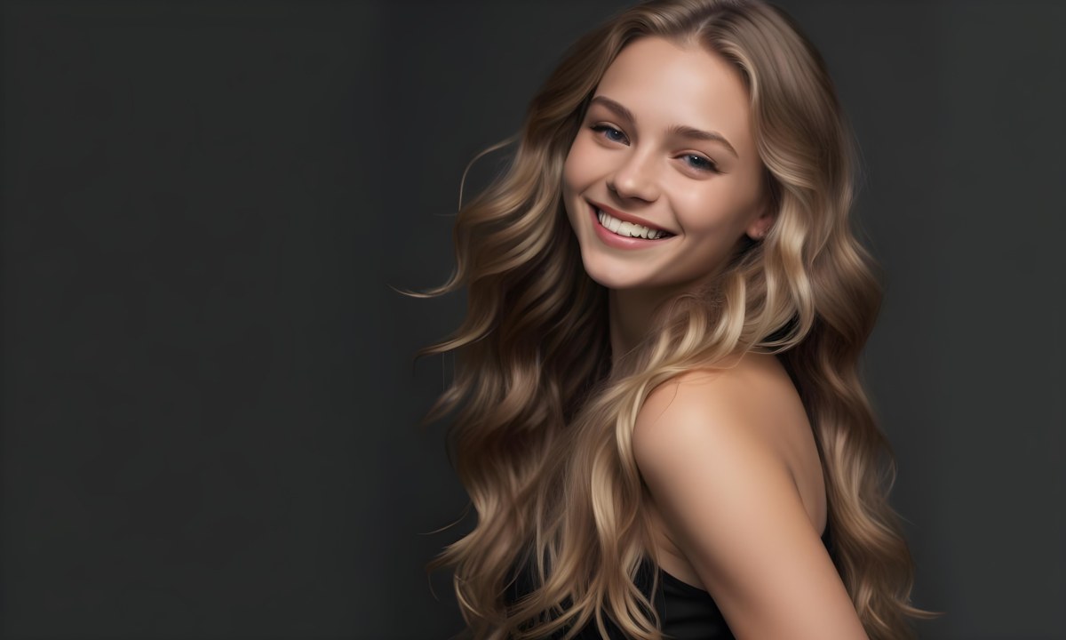 Young Caucasian Woman With Long Wavy Blonde Hair And Dark Skin Smiling Softly She Is Wearing A Black Top And Is Positioned Against A Dark Background 86 143a