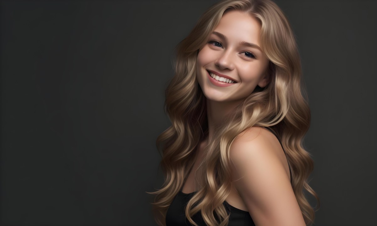 Young Caucasian Woman With Long Wavy Blonde Hair And Dark Skin Smiling Softly She Is Wearing A Black Top And Is Positioned Against A Dark Background 87 8be3