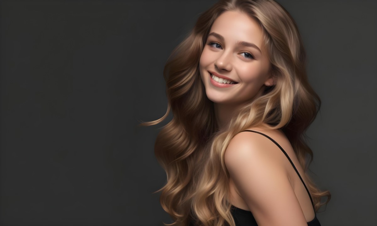 Young Caucasian Woman With Long Wavy Blonde Hair And Dark Skin Smiling Softly She Is Wearing A Black Top And Is Positioned Against A Dark Background 88 B460