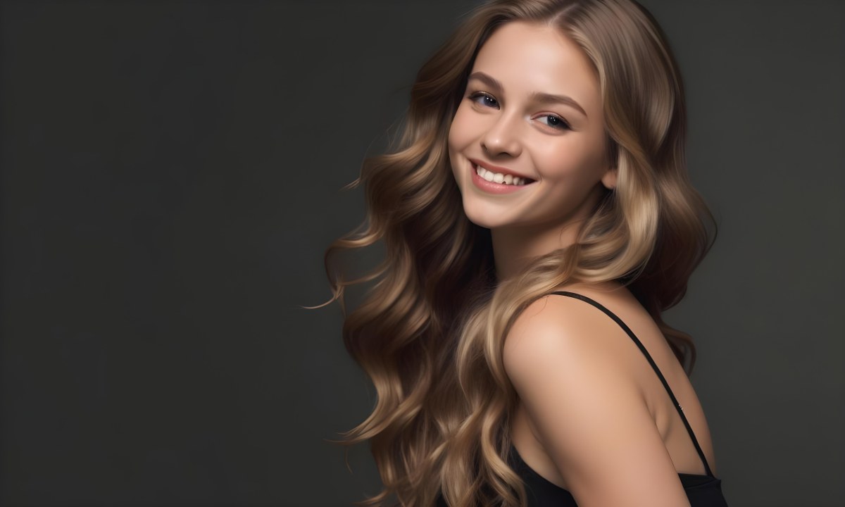 Young Caucasian Woman With Long Wavy Blonde Hair And Dark Skin Smiling Softly She Is Wearing A Black Top And Is Positioned Against A Dark Background 89 9fd4