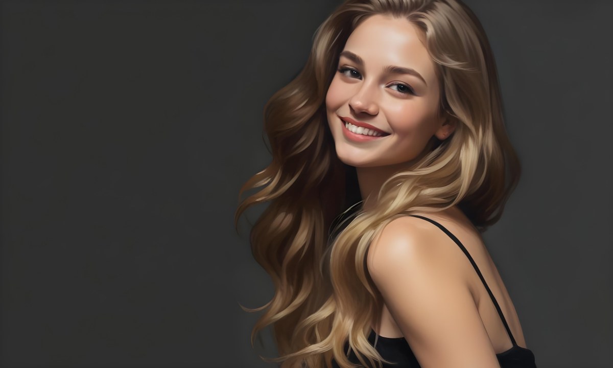 Young Caucasian Woman With Long Wavy Blonde Hair And Dark Skin Smiling Softly She Is Wearing A Black Top And Is Positioned Against A Dark Background 9 56a8