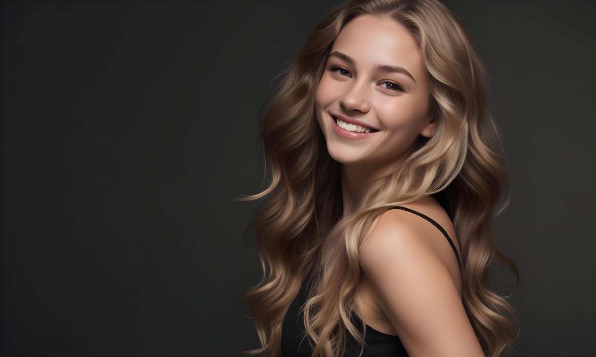 Young Caucasian Woman With Long Wavy Blonde Hair And Dark Skin Smiling Softly She Is Wearing A Black Top And Is Positioned Against A Dark Background 90 82dc