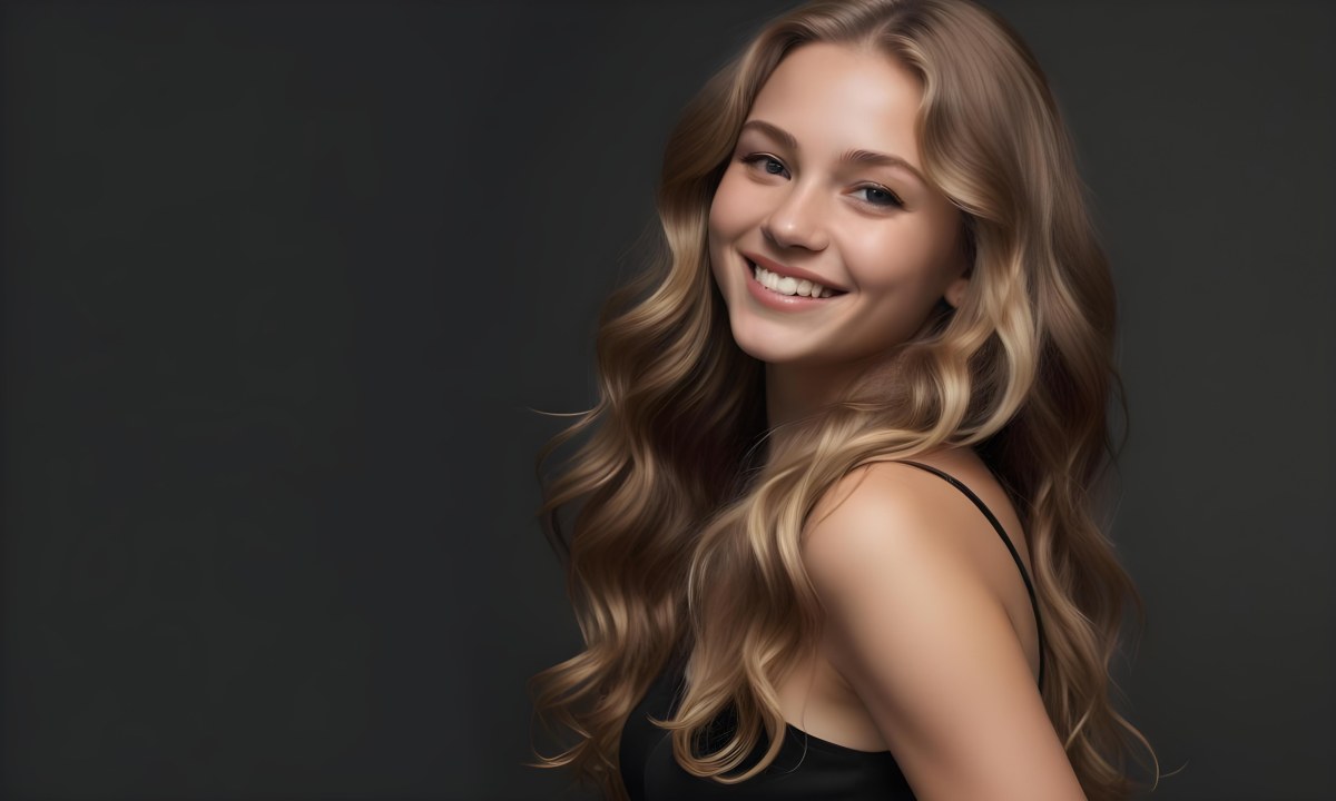 Young Caucasian Woman With Long Wavy Blonde Hair And Dark Skin Smiling Softly She Is Wearing A Black Top And Is Positioned Against A Dark Background 91 3179