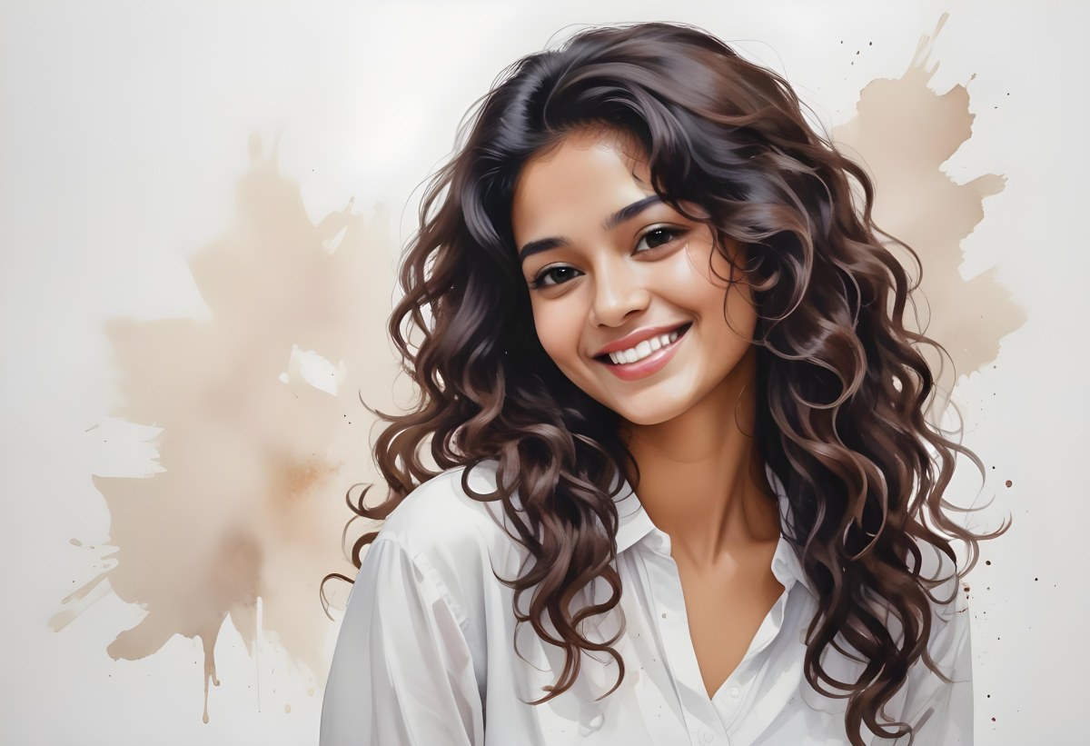 Young Woman Of South Asian Descent With Long Curly Dark Brown Hair Smiling Softly She Is Wearing A White Blouse And Has A Light Background 10 Ec9f