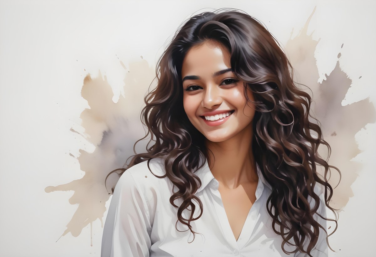 Young Woman Of South Asian Descent With Long Curly Dark Brown Hair Smiling Softly She Is Wearing A White Blouse And Has A Light Background 11 9636