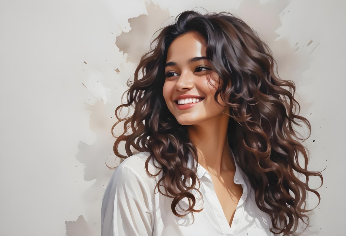 Young Woman Of South Asian Descent With Long Curly Dark Brown Hair Smiling Softly She Is Wearing A White Blouse And Has A Light Background 24 4f14